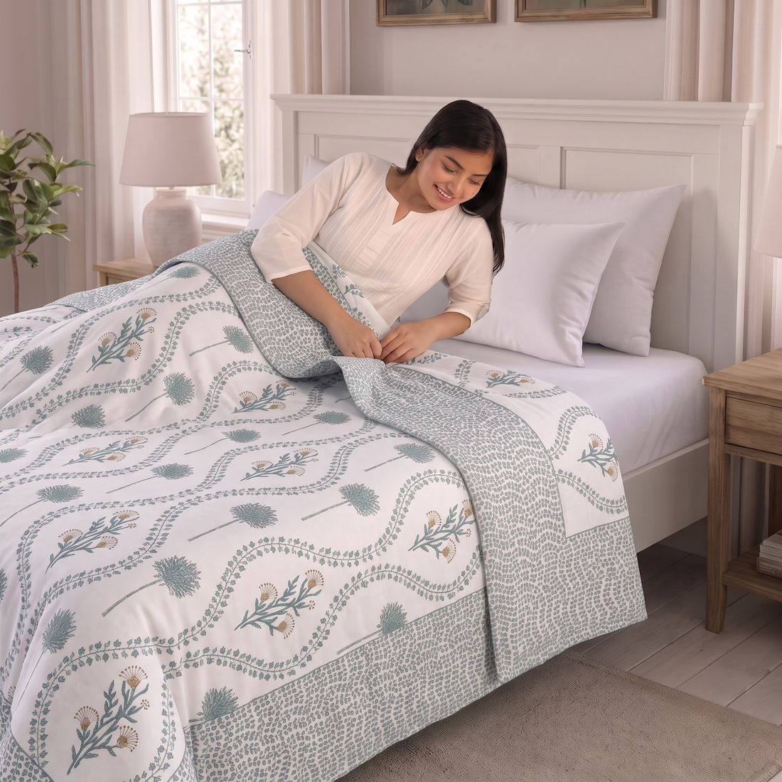 Green Leaves Hawa Mahal Double Bed Reversible Cotton Dohar