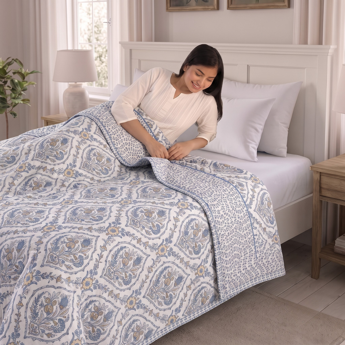 Blue Floral Hawa Mahal Double Bed Reversible Cotton Dohar
