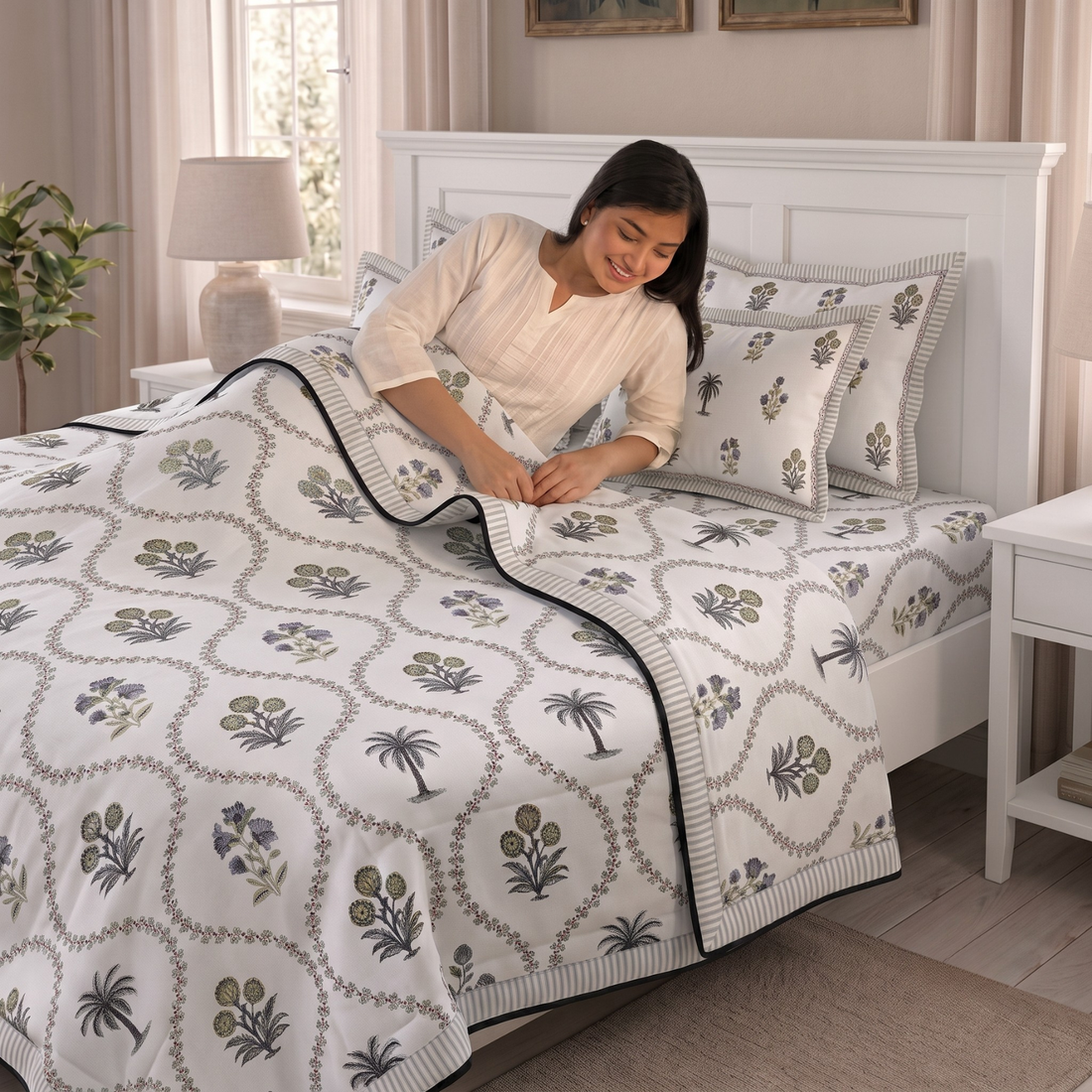 Gray Floral Pratham 4 Pieces Double Bed Dohar Set