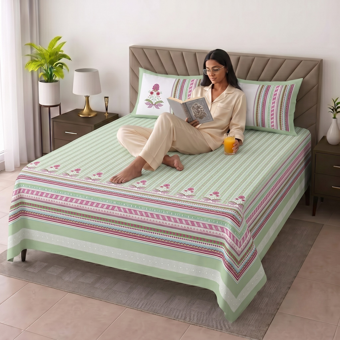 Pesto Geometric Jumbo Size Cotton Bedsheet with 2 Pillow Covers