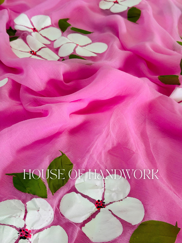 Rosé Bloom Hand Painted Chiffon Saree