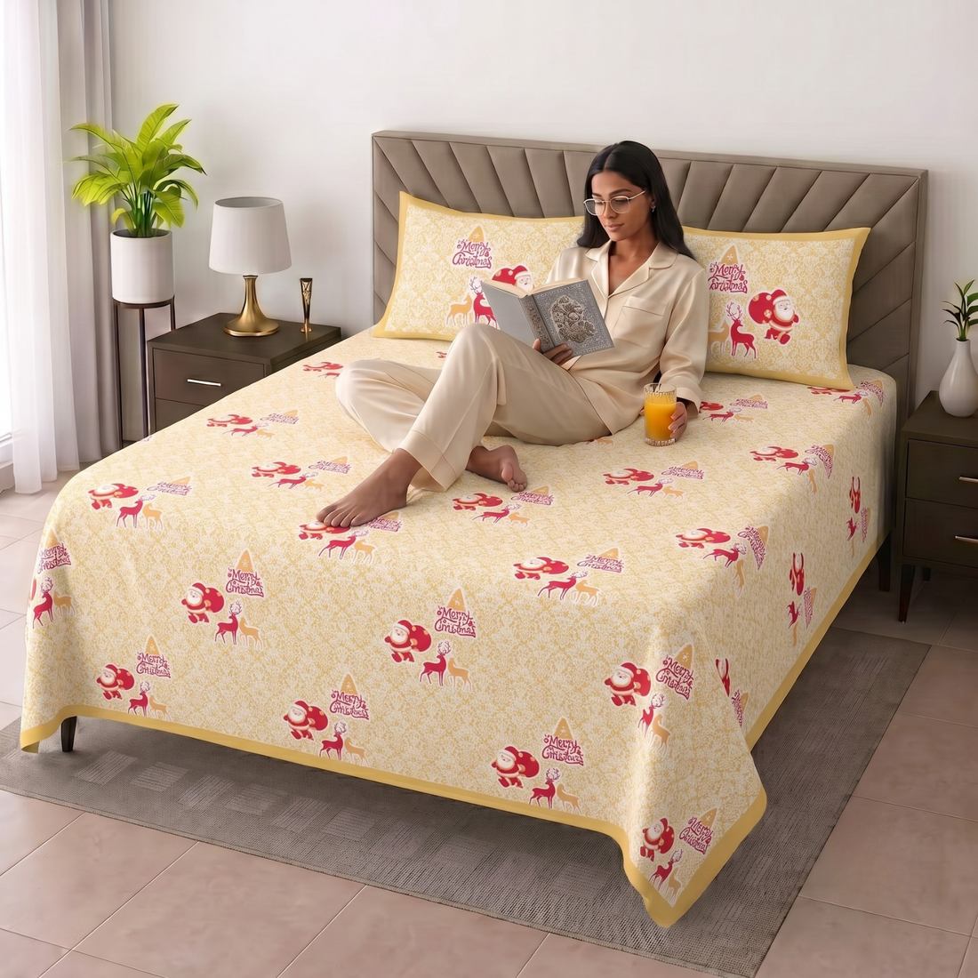 Yellow Beige Geometric Jumbo Size Cotton Bedsheet with 2 Pillow Covers