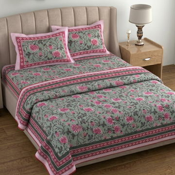 Green & Pink Floral Pratham 4 Pieces Double Bed Dohar Set