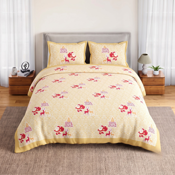 Yellow Beige Geometric Jumbo Size Cotton Bedsheet with 2 Pillow Covers