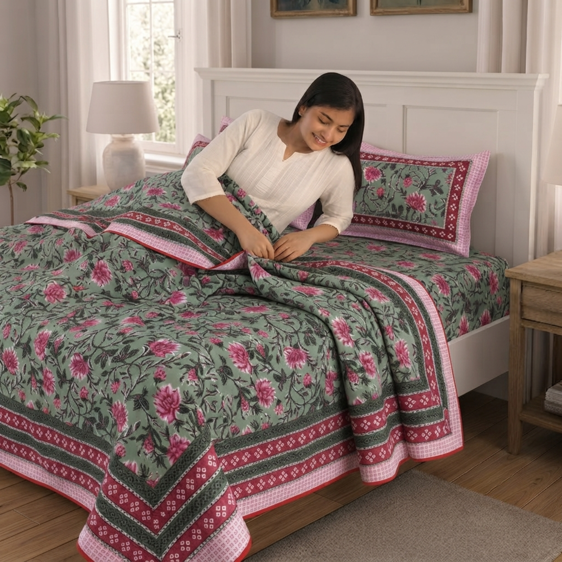 Green & Pink Floral Pratham 4 Pieces Double Bed Dohar Set