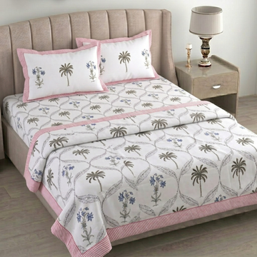 White & Blue Floral Pratham 4 Pieces Double Bed Dohar Set