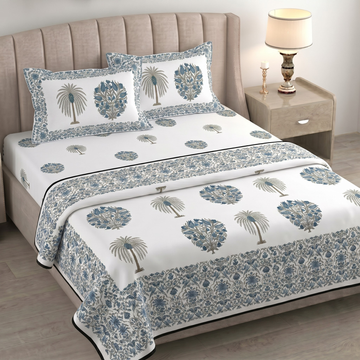 White & Blue Floral Pratham 4 Pieces Double Bed Dohar Set