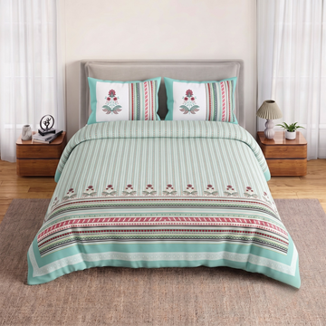 Sky Blue Geometric Jumbo Size Cotton Bedsheet with 2 Pillow Covers