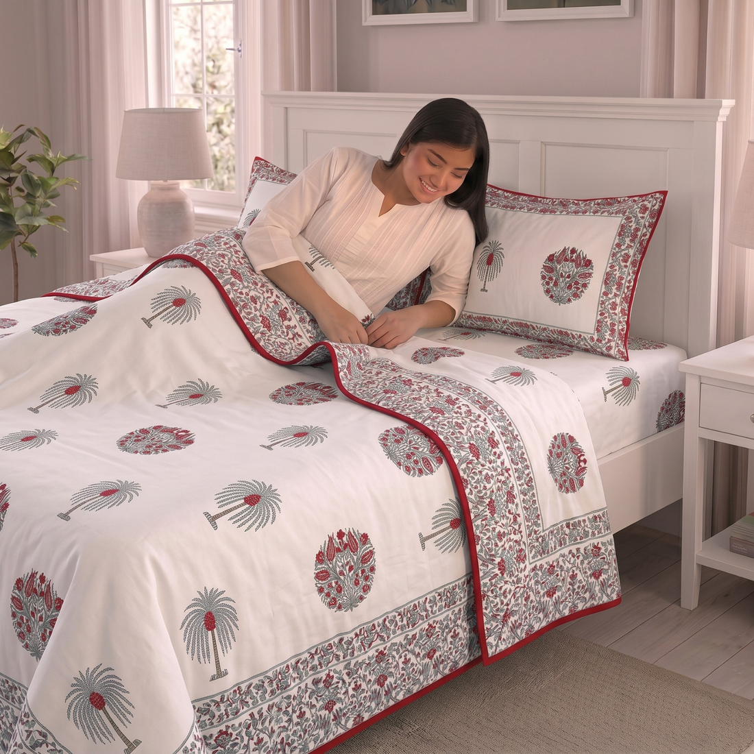 White & Red Floral Pratham 4 Pieces Double Bed Dohar Set