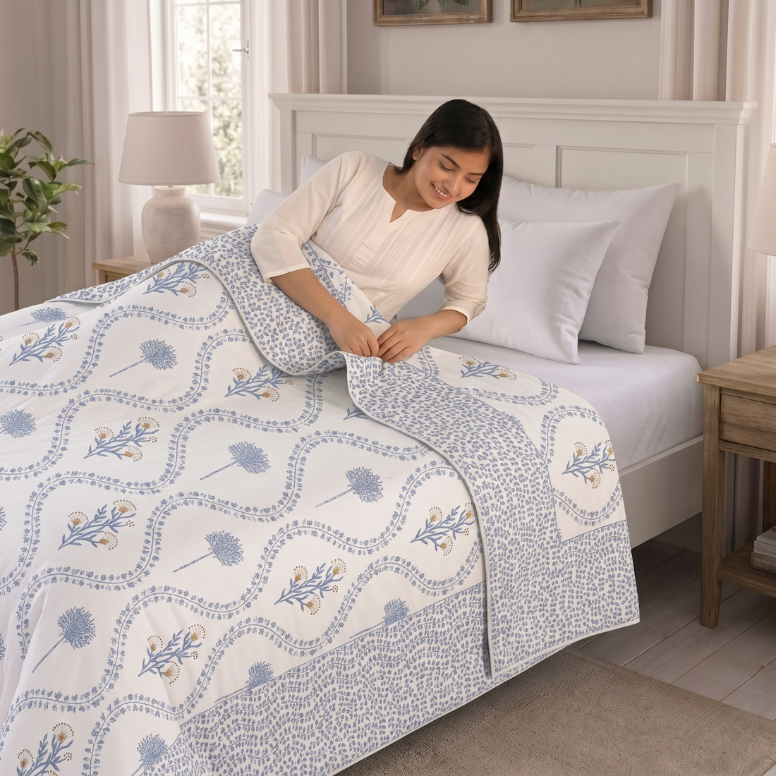 Blue Leaves Hawa Mahal Double Bed Reversible Cotton Dohar