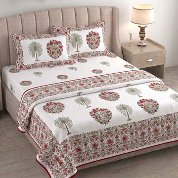 White & Red Floral Pratham 4 Pieces Double Bed Dohar Set