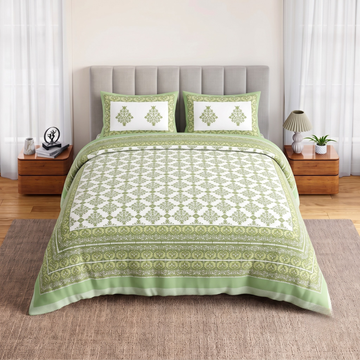 Green Geometric Jumbo Size Cotton Bedsheet with 2 Pillow Covers