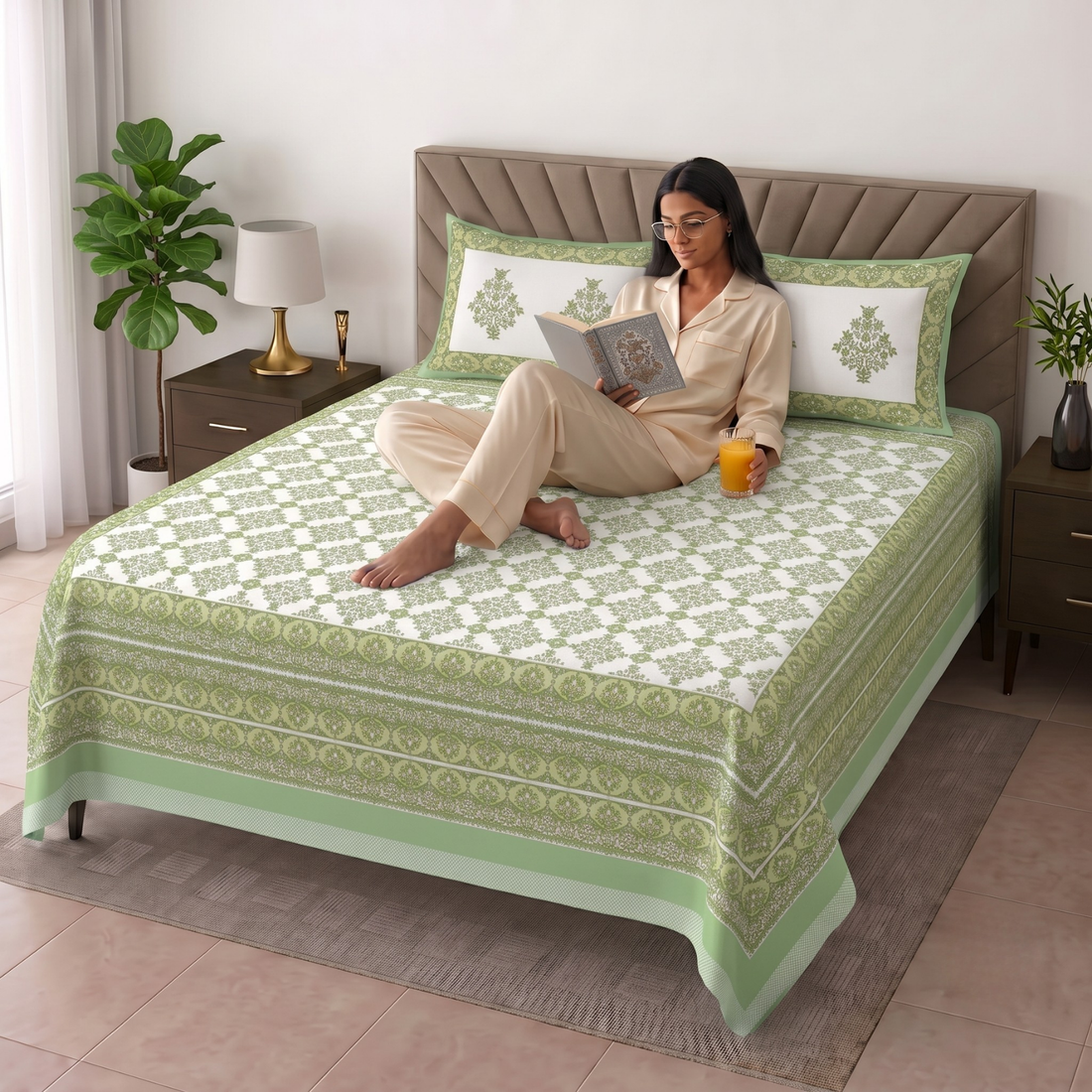 Green Geometric Jumbo Size Cotton Bedsheet with 2 Pillow Covers