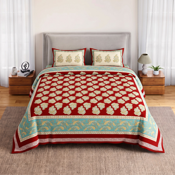Red Geometric Jumbo Size Cotton Bedsheet with 2 Pillow Covers