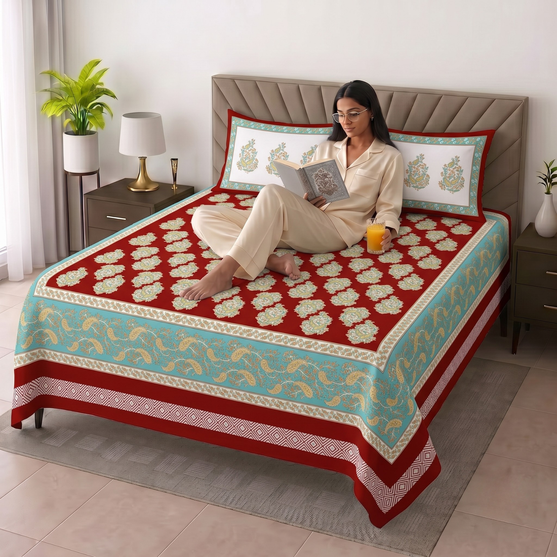 Red Geometric Jumbo Size Cotton Bedsheet with 2 Pillow Covers