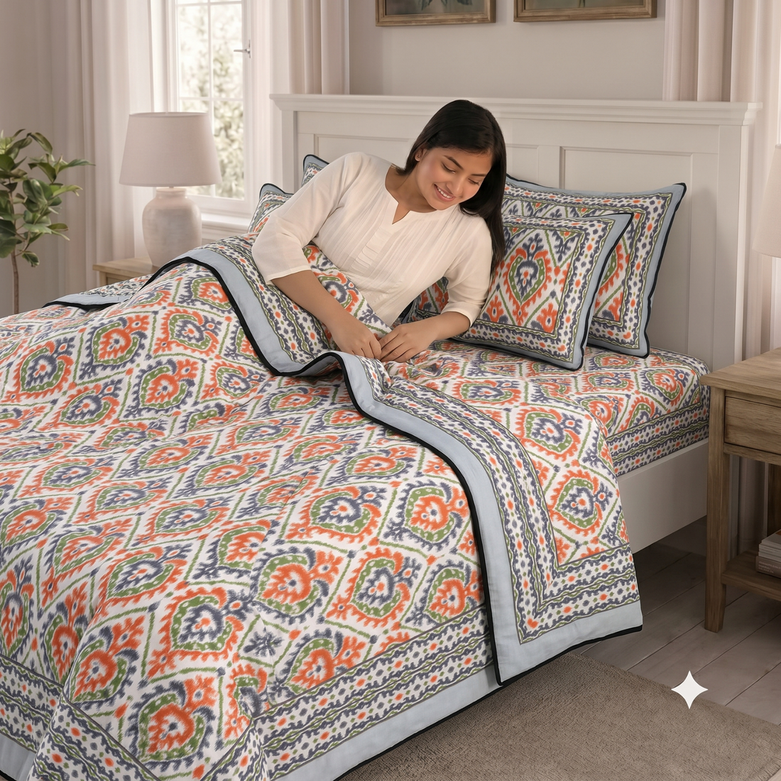 Orange Leaves Pratham 4 Pieces Double Bed Dohar Set