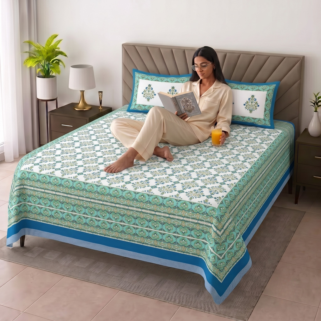 Green Geometric Jumbo Size Cotton Bedsheet with 2 Pillow Covers