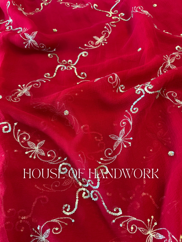 Ruby Blossom Chiffon Handwork Saree