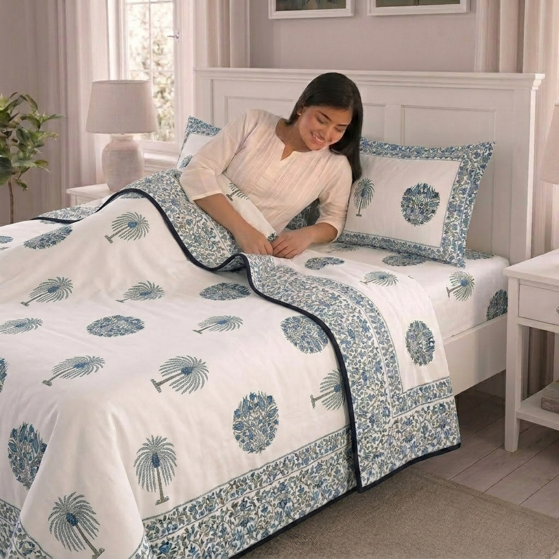 White & Blue Floral Pratham 4 Pieces Double Bed Dohar Set
