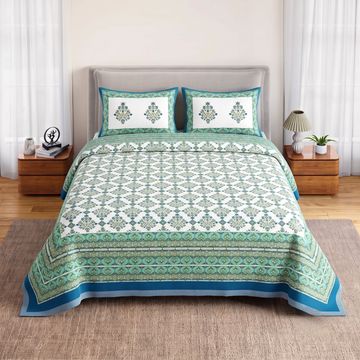 Green Geometric Jumbo Size Cotton Bedsheet with 2 Pillow Covers