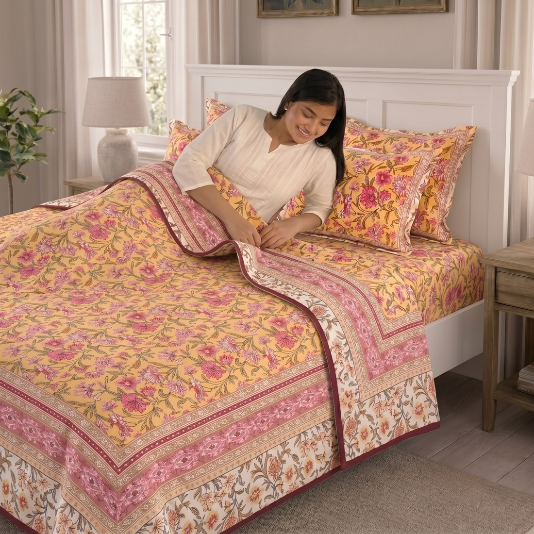 Yellow & Pink Floral Pratham 4 Pieces Double Bed Dohar Set