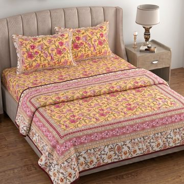 Yellow & Pink Floral Pratham 4 Pieces Double Bed Dohar Set
