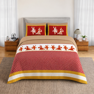 Red Geometric Jumbo Size Cotton Bedsheet with 2 Pillow Covers