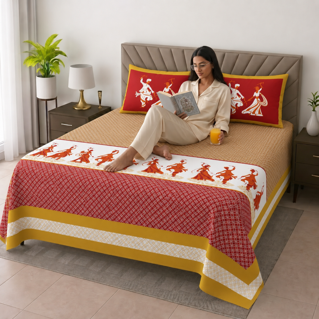 Red Geometric Jumbo Size Cotton Bedsheet with 2 Pillow Covers