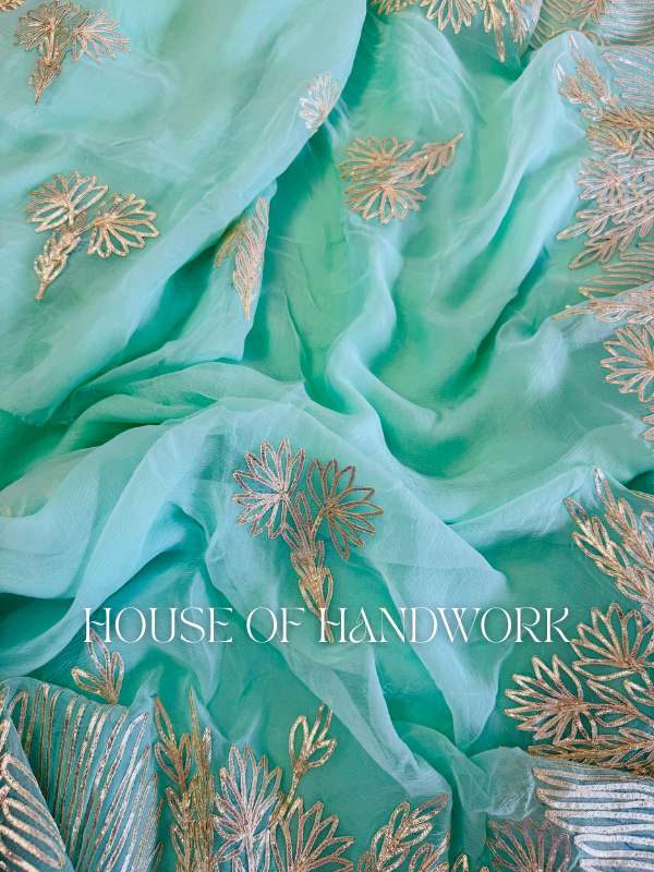 Seafoam Glow Gota Work Chiffon Saree
