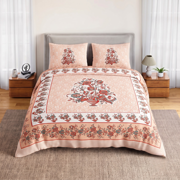 Peach Geometric Jumbo Size Cotton Bedsheet with 2 Pillow Covers