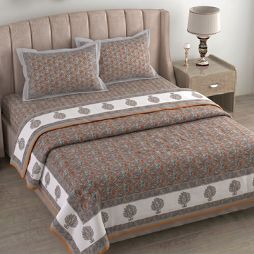 Grey & Orange Floral Pratham 4 Pieces Double Bed Dohar Set