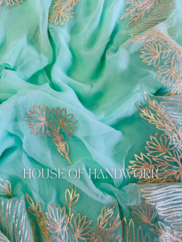 Seafoam Glow Gota Work Chiffon Saree