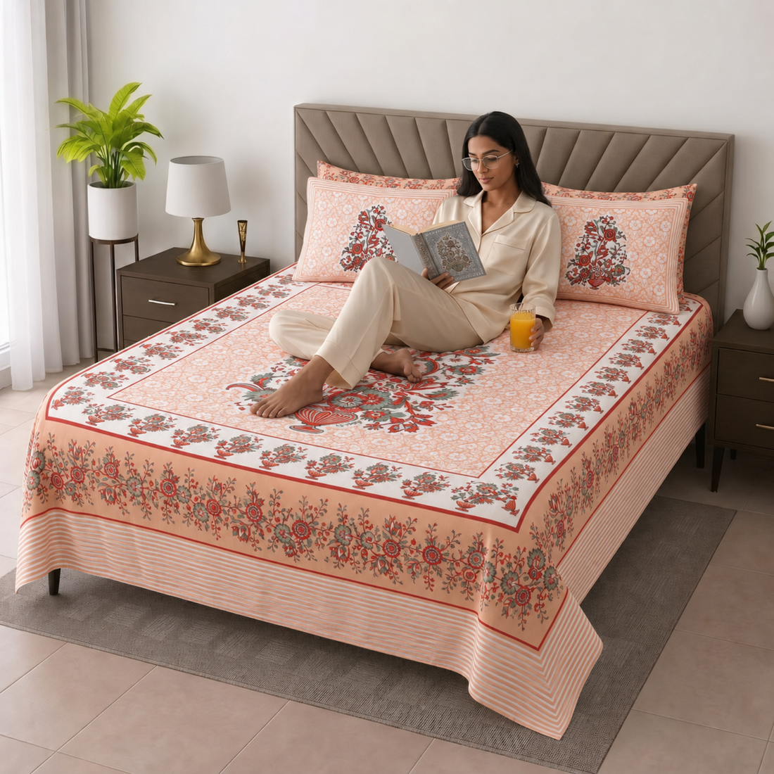 Peach Geometric Jumbo Size Cotton Bedsheet with 2 Pillow Covers
