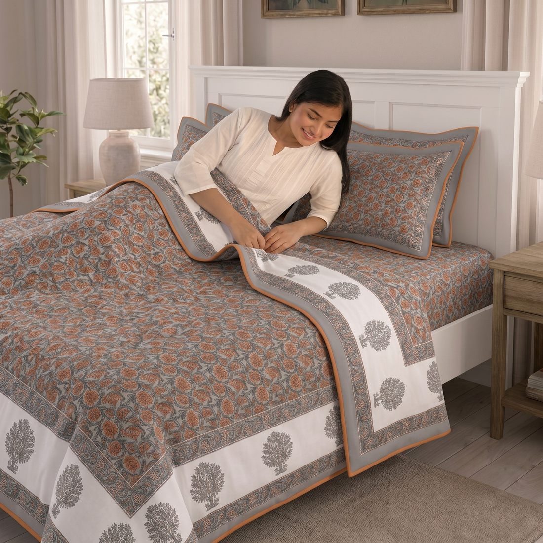 Grey & Orange Floral Pratham 4 Pieces Double Bed Dohar Set