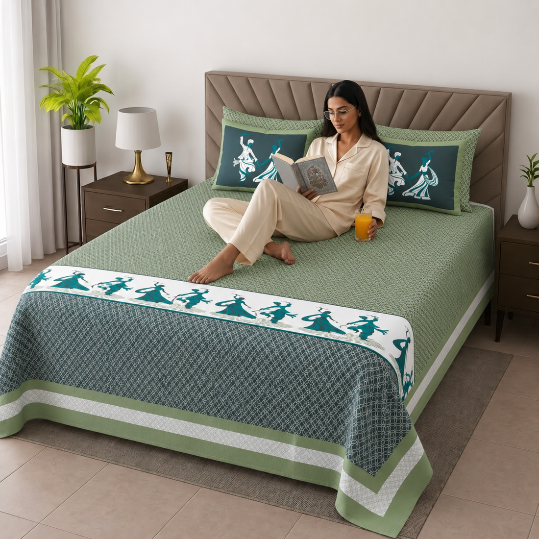 Green Geometric Jumbo Size Cotton Bedsheet with 2 Pillow Covers