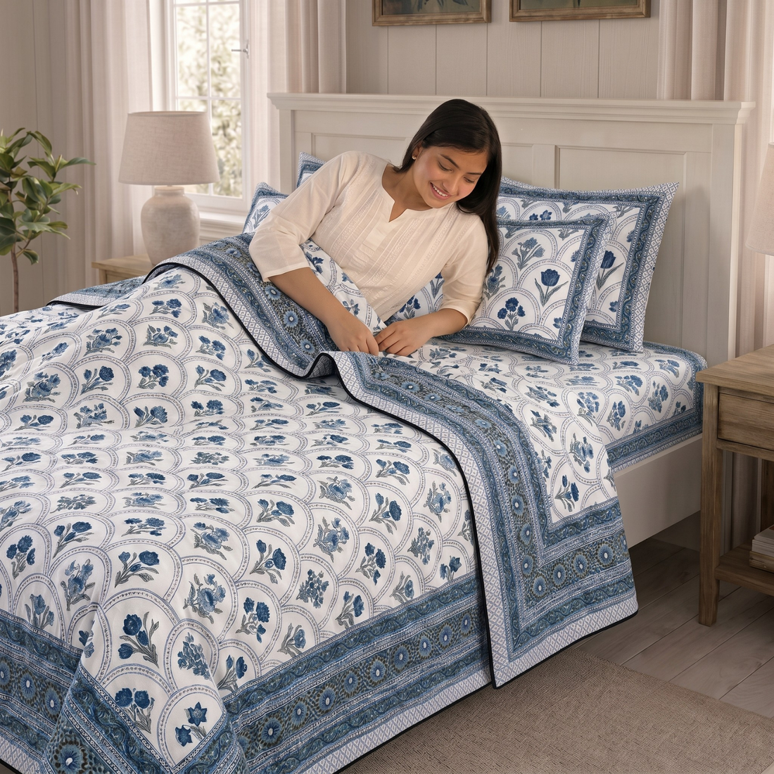 White & Blue Floral Pratham 4 Pieces Double Bed Dohar Set