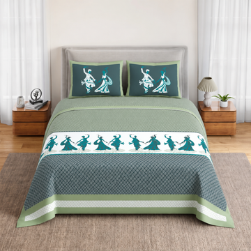 Green Geometric Jumbo Size Cotton Bedsheet with 2 Pillow Covers