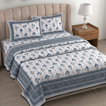 White & Blue Floral Pratham 4 Pieces Double Bed Dohar Set