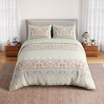 Green Geometric Jumbo Size Cotton Bedsheet with 2 Pillow Covers