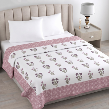 White Pink Floral Hawa Mahal Double Bed Reversible Cotton Dohar