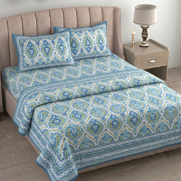 Blue & Green Leaves Pratham 4 Pieces Double Bed Dohar Set