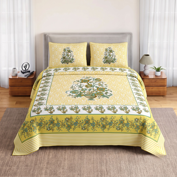 Yellow Geometric Jumbo Size Cotton Bedsheet with 2 Pillow Covers