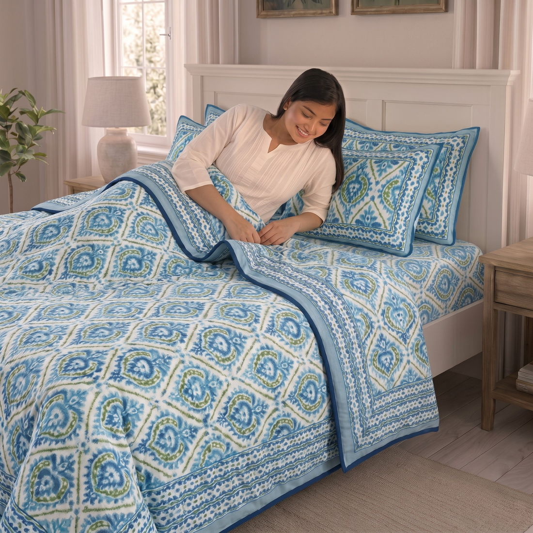Blue & Green Leaves Pratham 4 Pieces Double Bed Dohar Set
