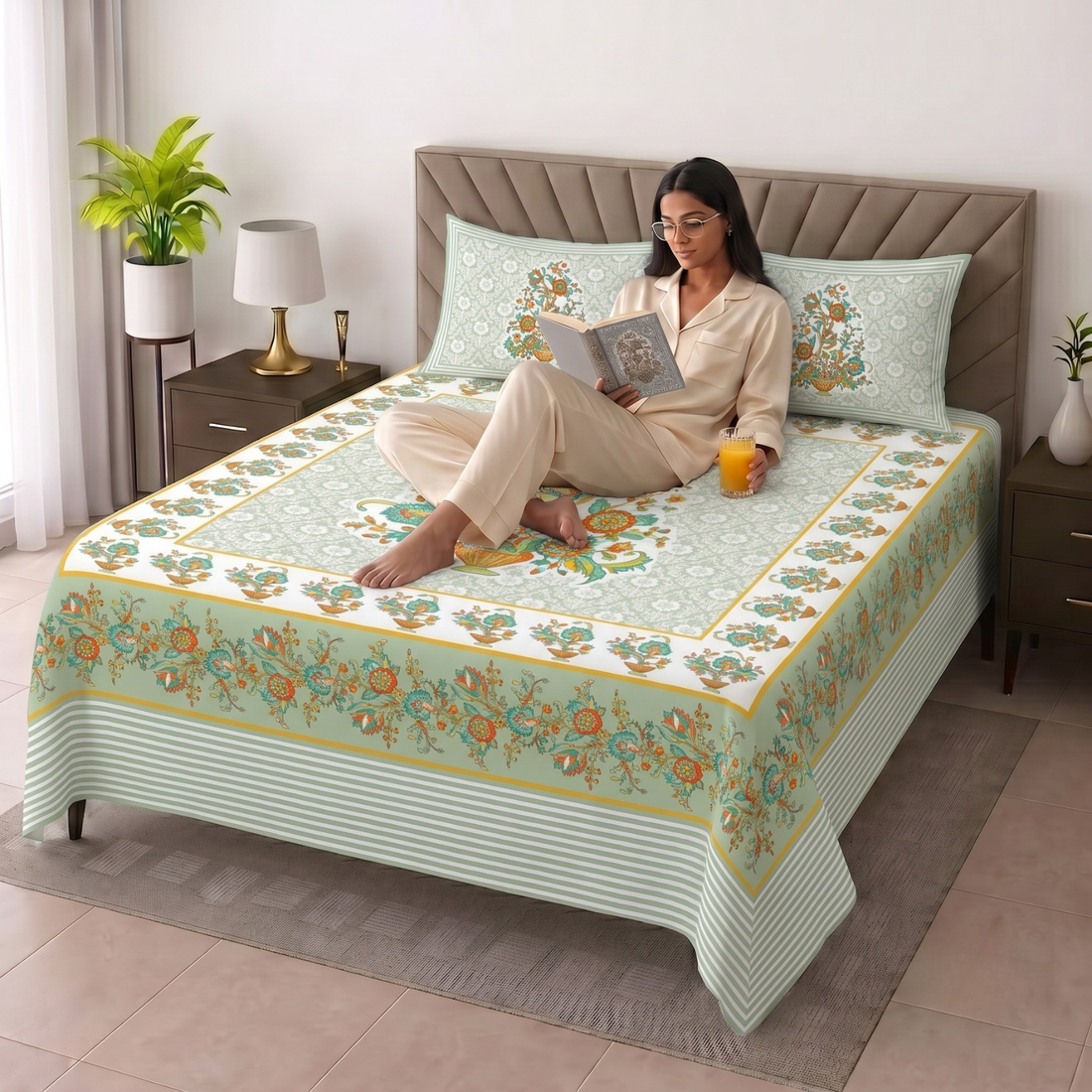 Light Green Geometric Jumbo Size Cotton Bedsheet with 2 Pillow Covers