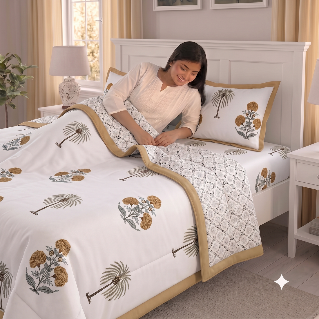 White & Brown Floral Pratham 4 Pieces Double Bed Dohar Set