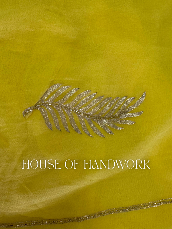 Golden Sunshine Leaf Work Chiffon Saree