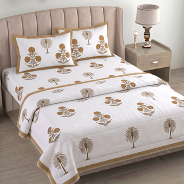 White & Brown Floral Pratham 4 Pieces Double Bed Dohar Set