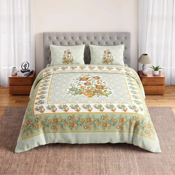 Light Green Geometric Jumbo Size Cotton Bedsheet with 2 Pillow Covers