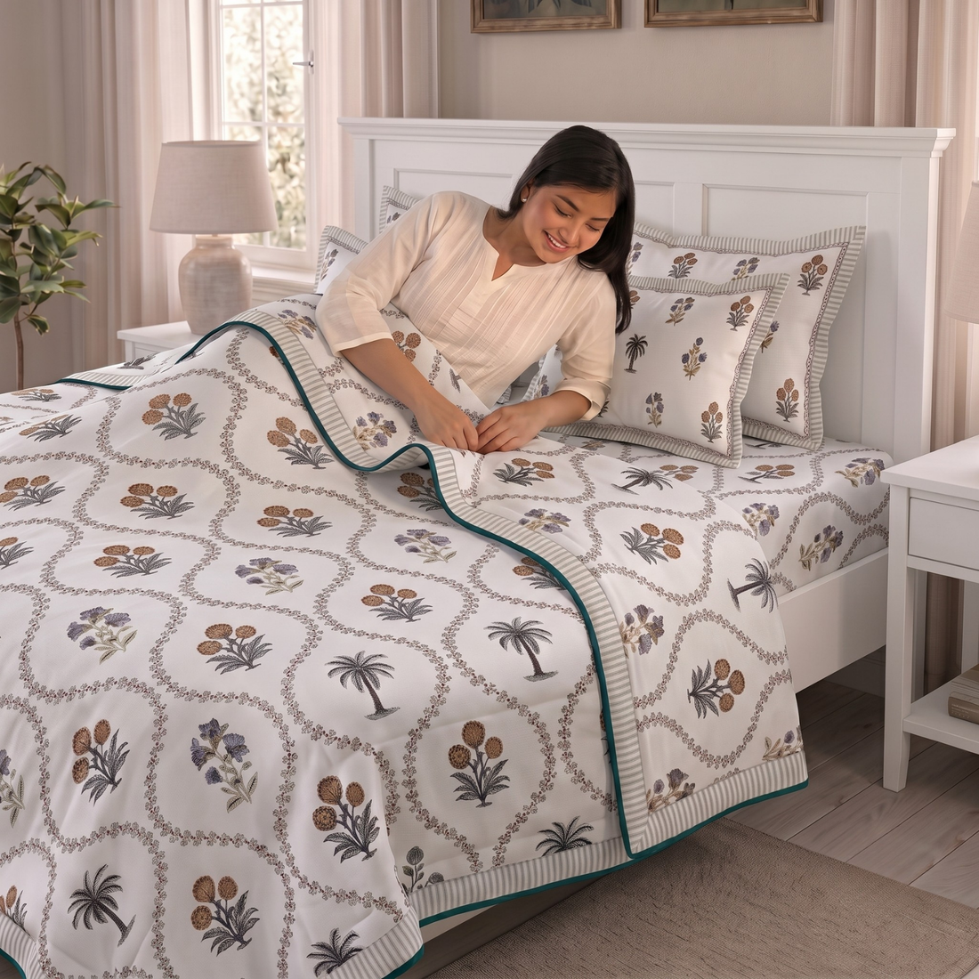 Brown & Green Floral Pratham 4 Pieces Double Bed Dohar Set