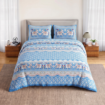 Light Blue Geometric Jumbo Size Cotton Bedsheet with 2 Pillow Covers